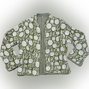 Handmade Quilted Indian Block Print Green Floral Button Up Jacket with Pockets